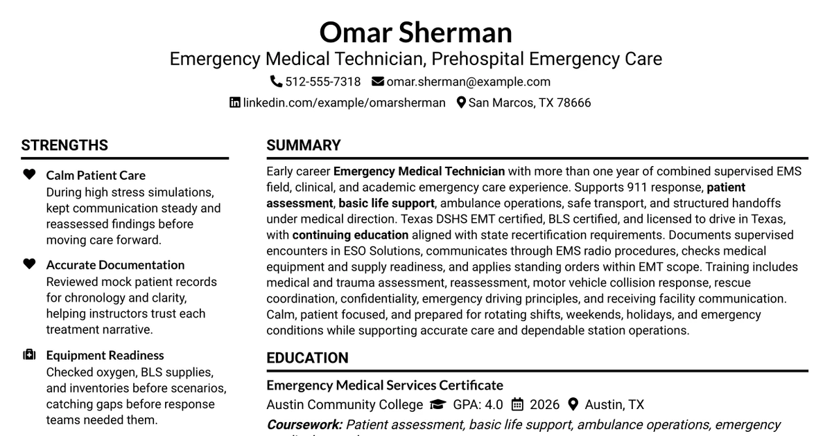 33 Emergency Medical Technician - Prehospital Emergency Care Resume Templates with Example 2026 (ATS-Optimized)