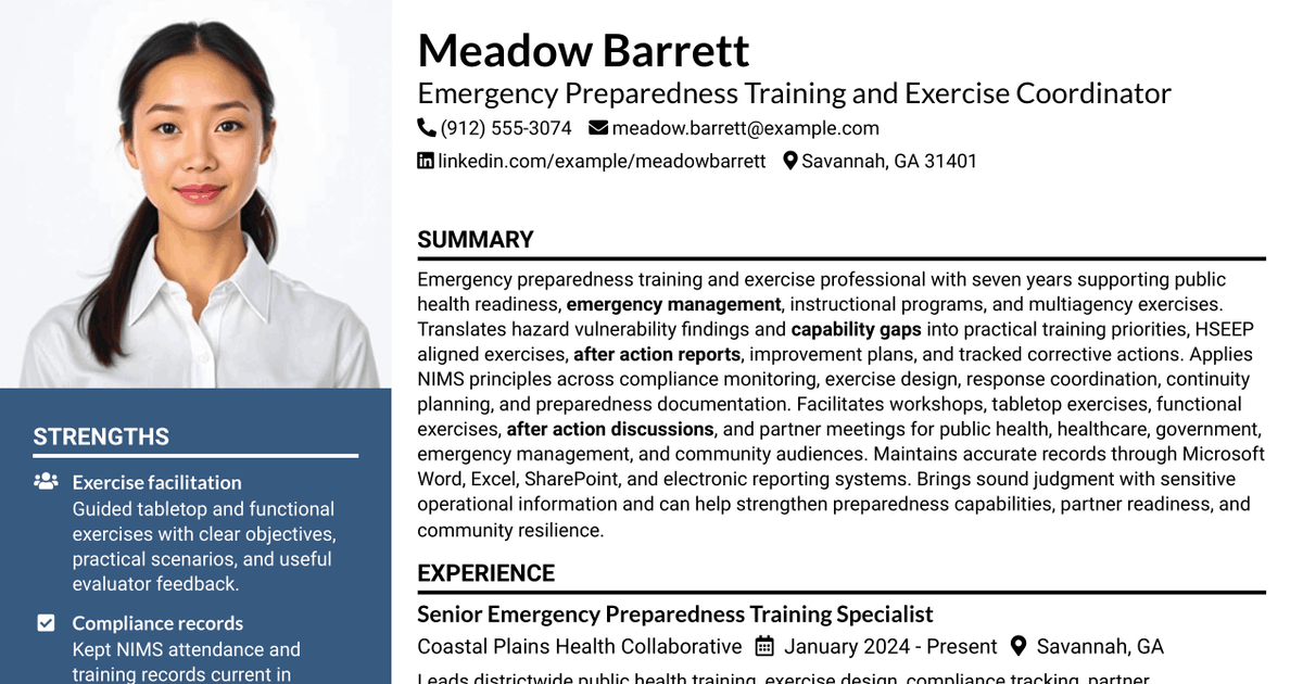 7 Emergency Preparedness Training and Exercise Coordinator Resume Templates with Example