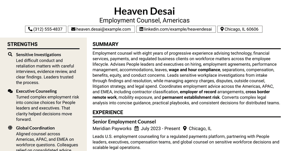 7 Employment Counsel, Americas Resume Templates with Example