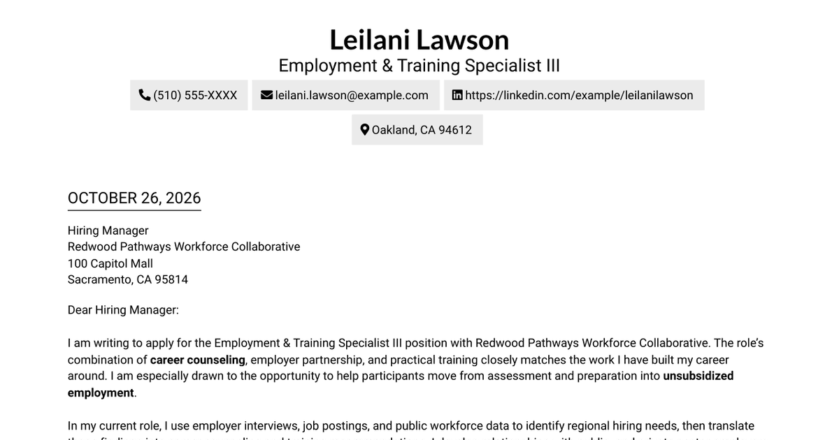 7 Employment & Training Specialist III - Career Counseling and Job Placement Cover Letter Templates with Example