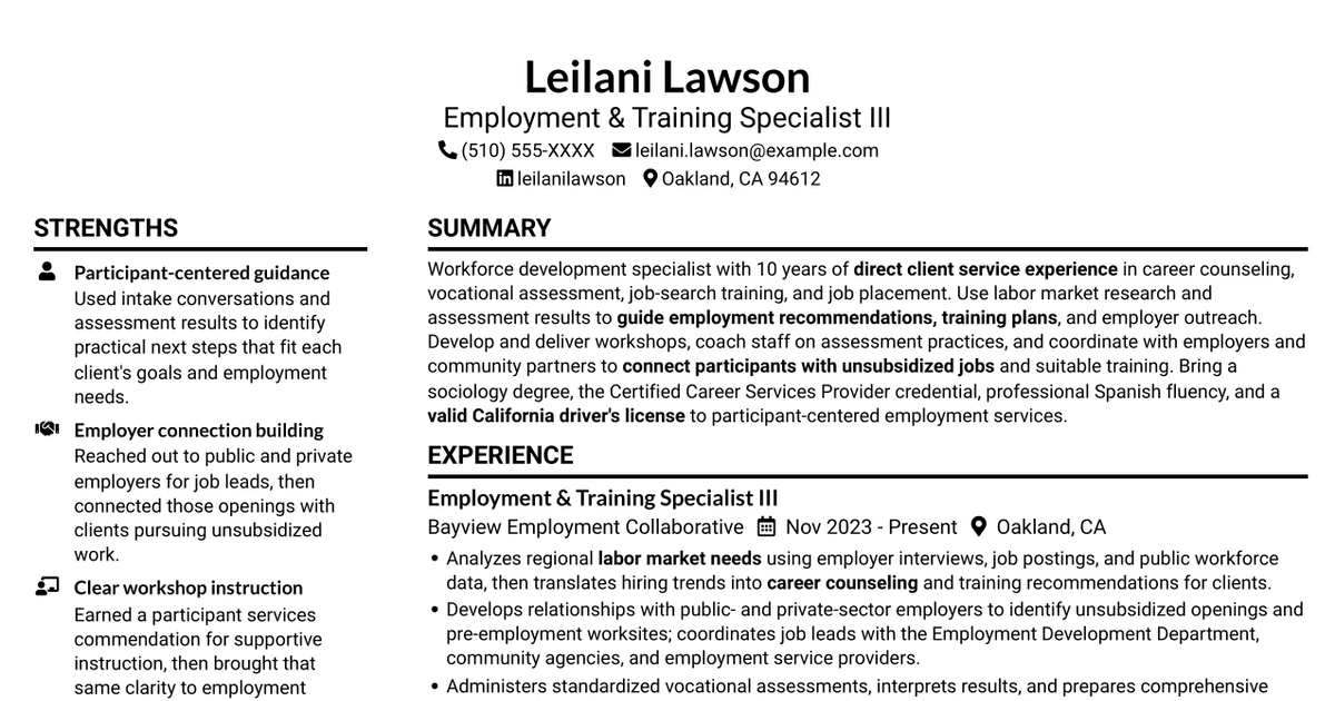 7 Employment & Training Specialist III - Career Counseling and Job Placement Resume Templates with Example