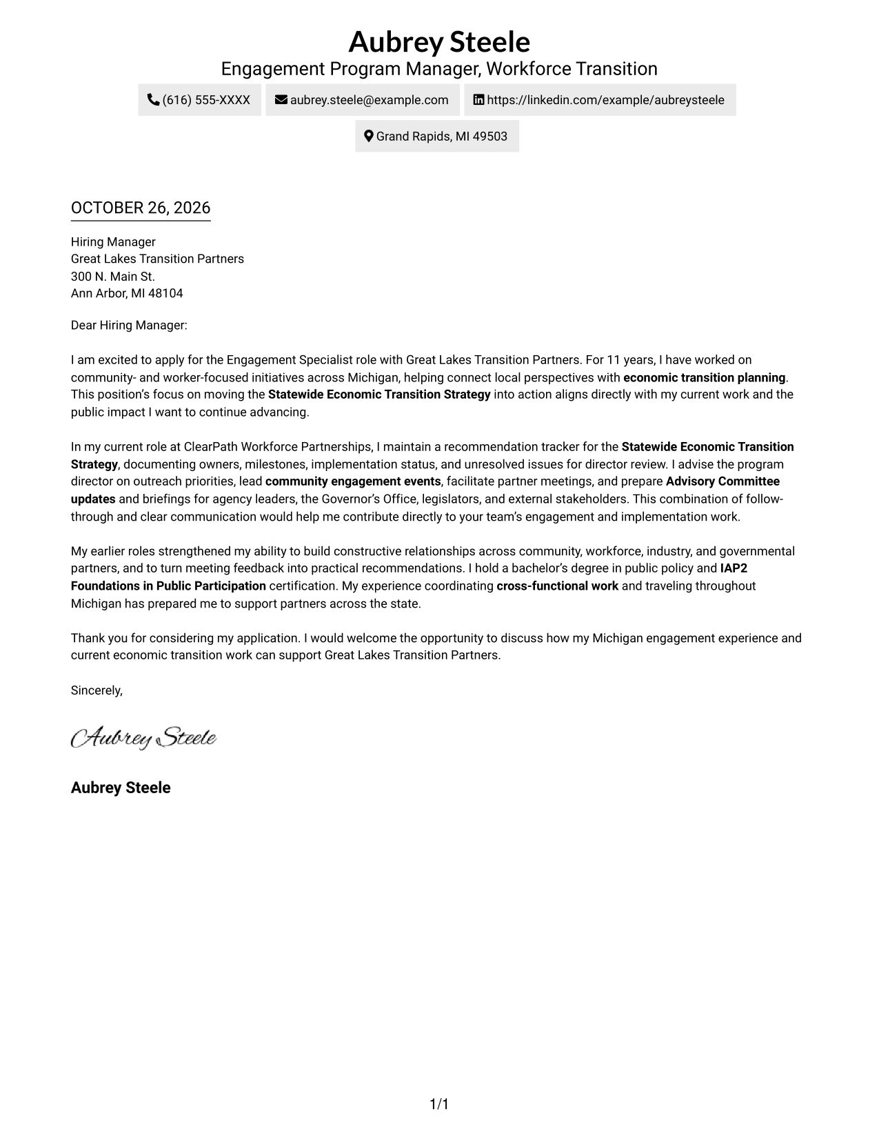 Cover letter example — page 1