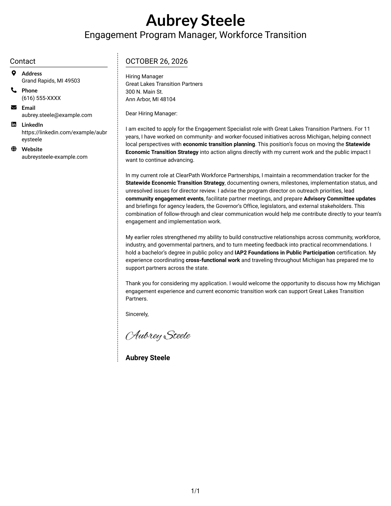 Cover letter example — page 1