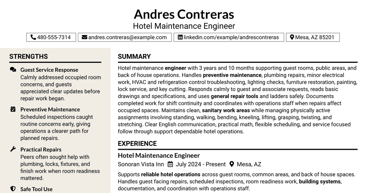 7 Engineer - Hotel Maintenance Resume Templates with Example