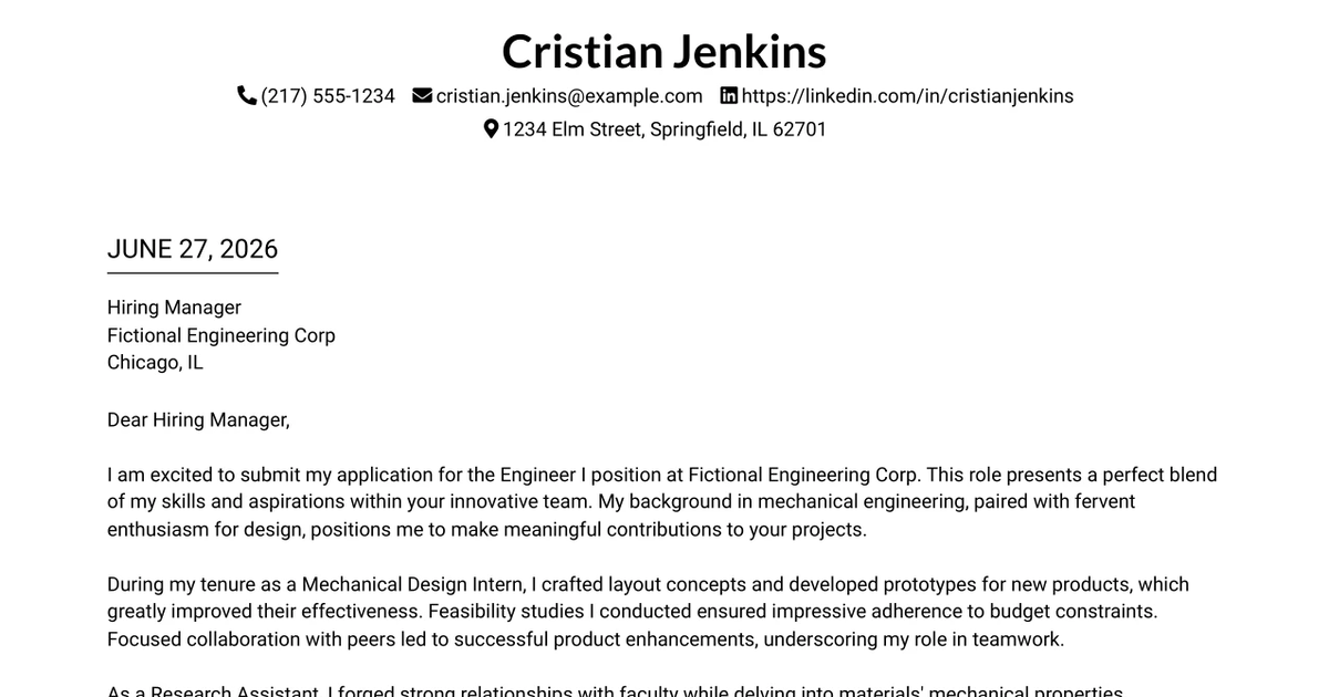 30+ Engineer I - Mechanical Engineer Cover Letter Templates with Example 2026