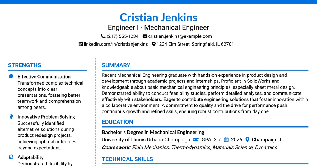 33 Engineer I - Mechanical Engineer Resume Templates with Example 2026 (ATS-Optimized)