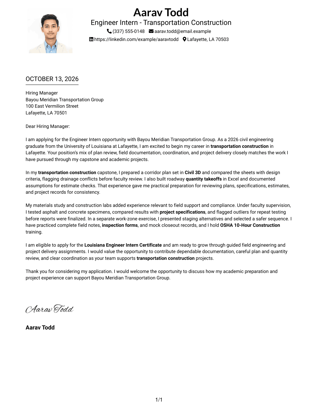 Cover Letter Example Page 1