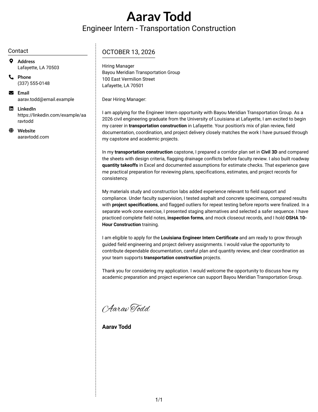 Cover Letter Example Page 1
