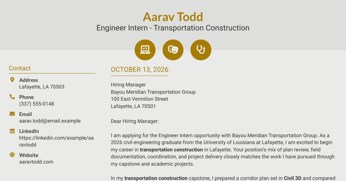 7 Engineer Intern - Transportation Construction Cover Letter Templates with Example