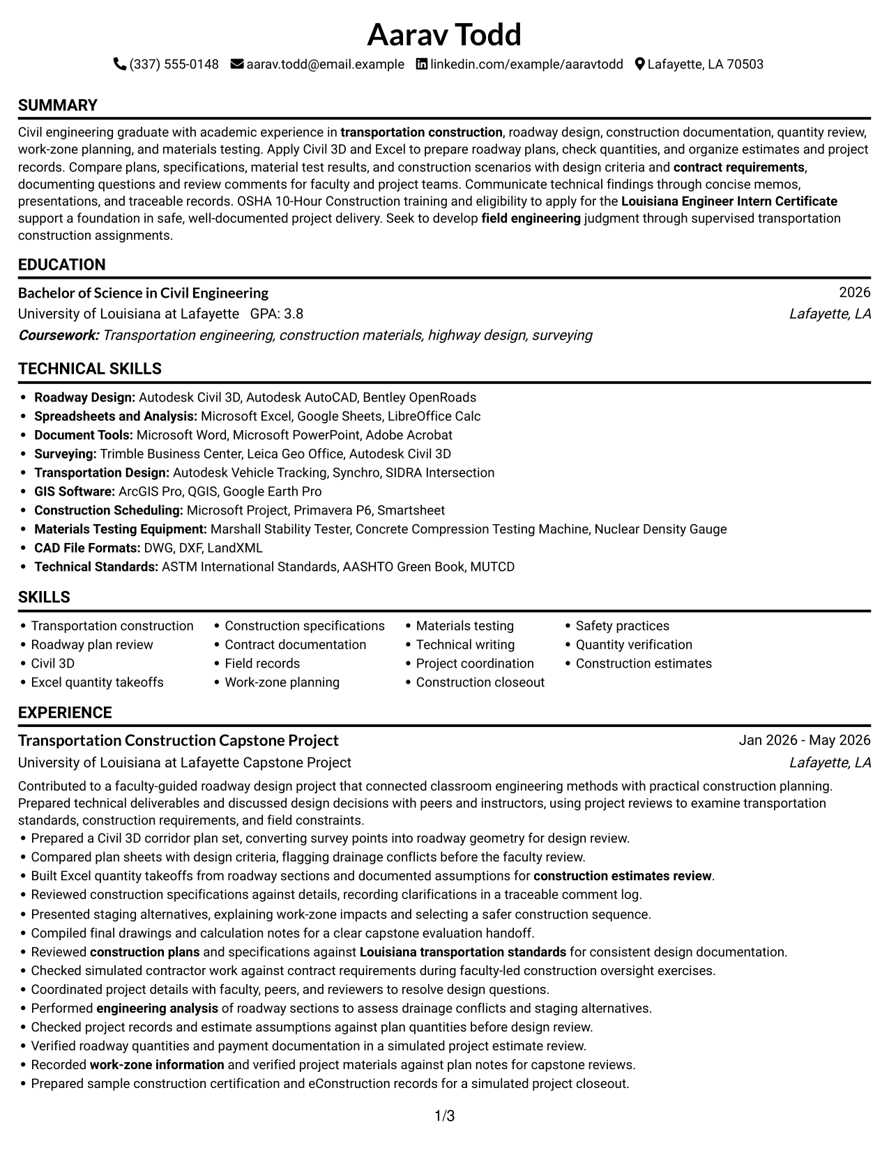 Resume Example Page 1