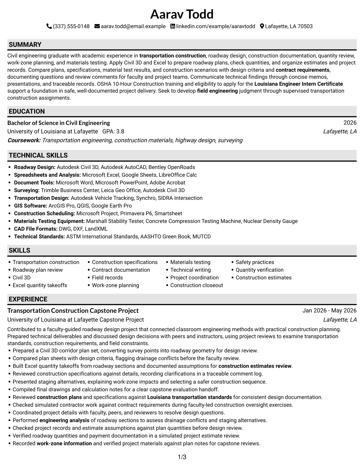 Resume Example Page 1
