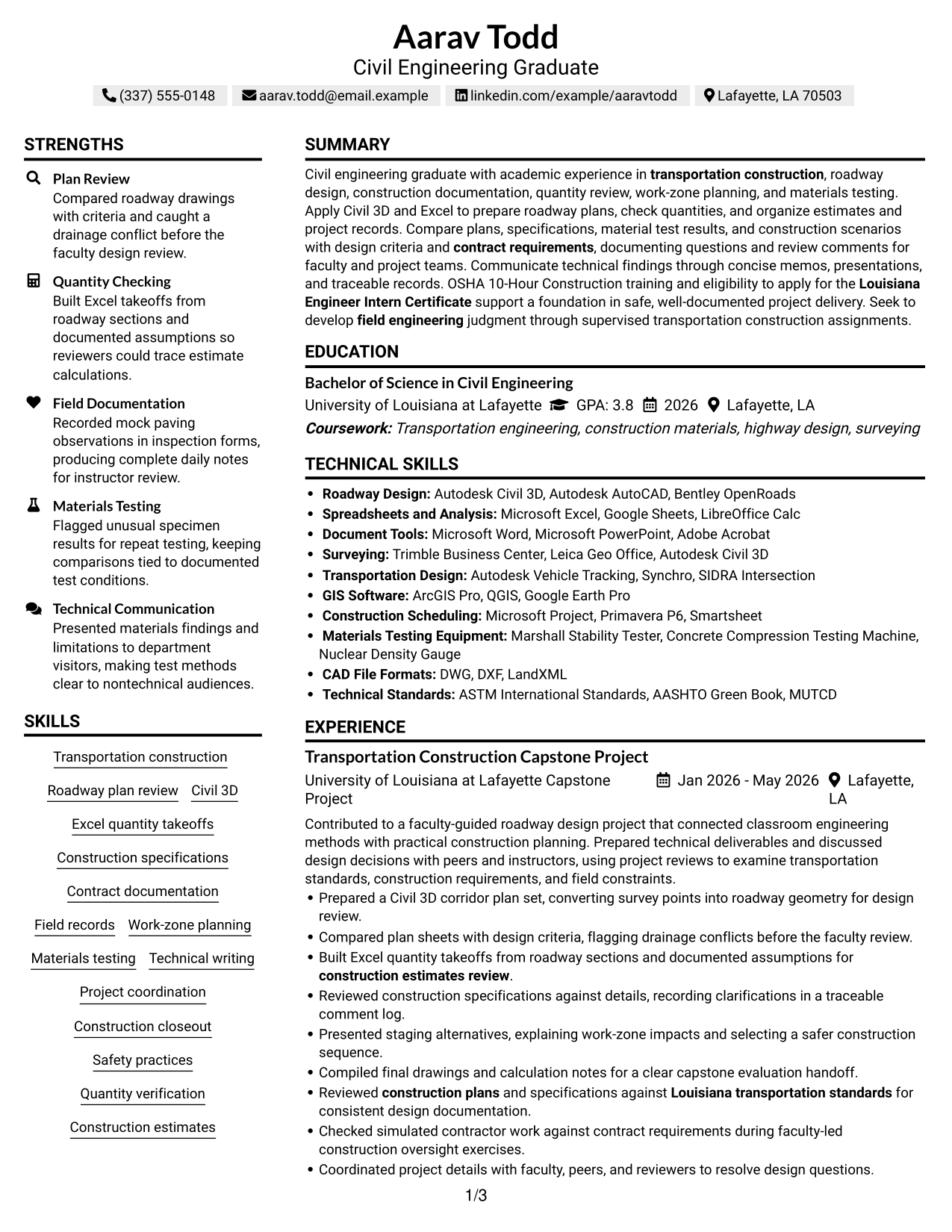 Resume Example Page 1
