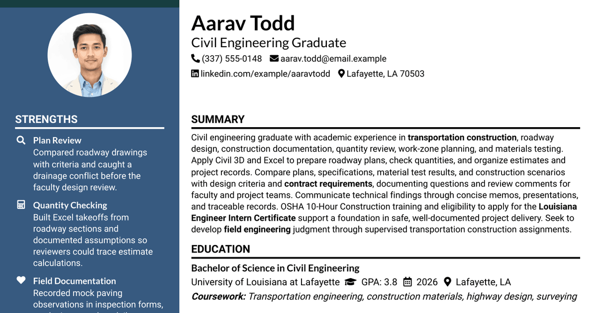 7 Engineer Intern - Transportation Construction Resume Templates with Example