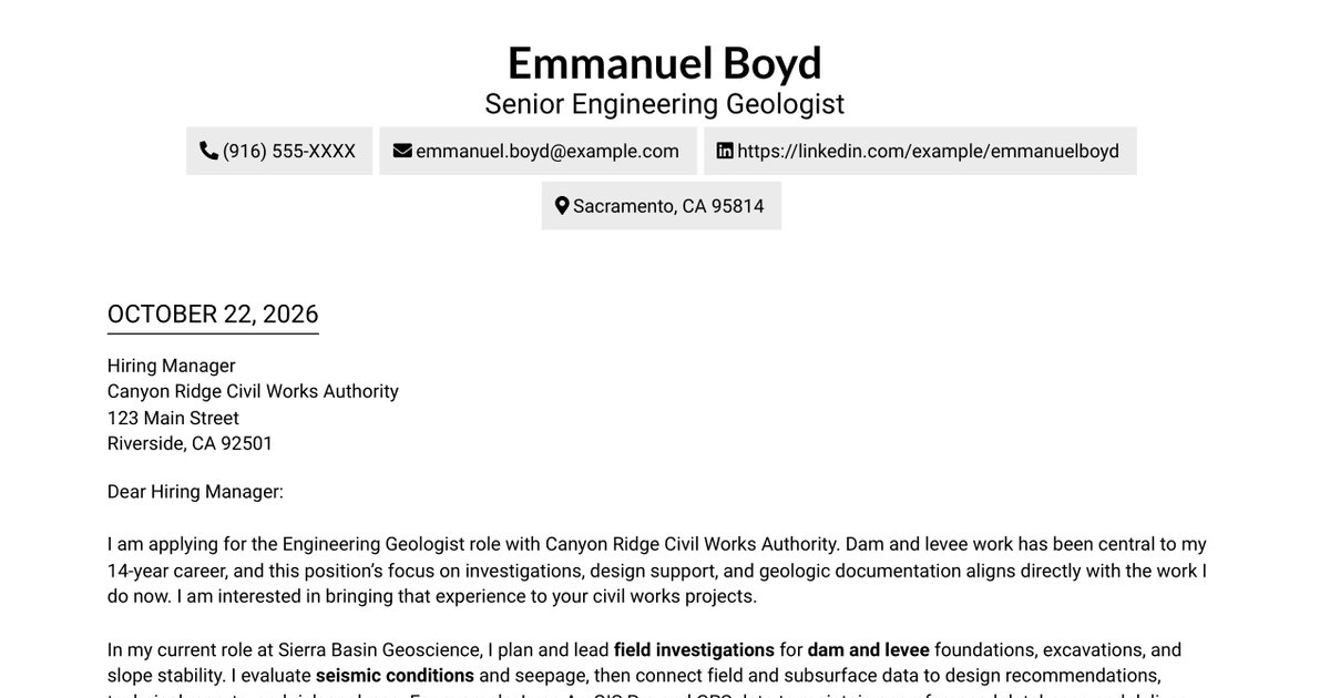 7 Engineering Geologist - Dam and Levee Projects Cover Letter Templates with Example