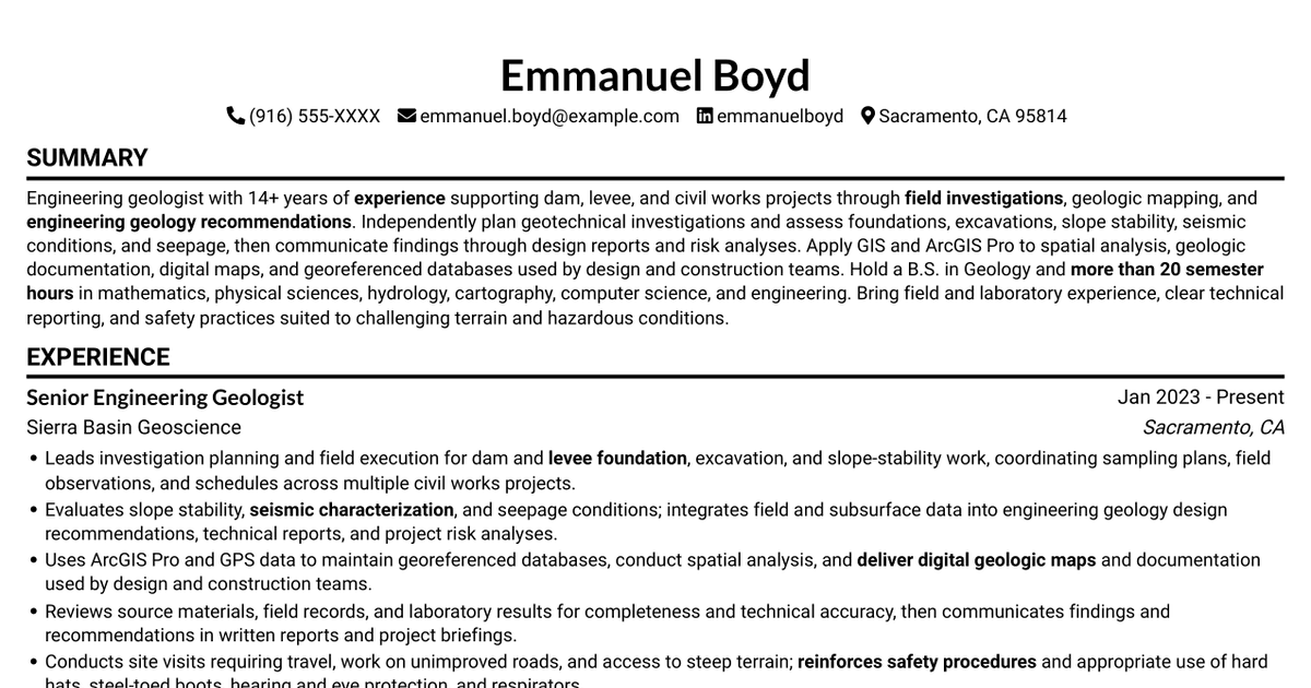 7 Engineering Geologist - Dam and Levee Projects Resume Templates with Example