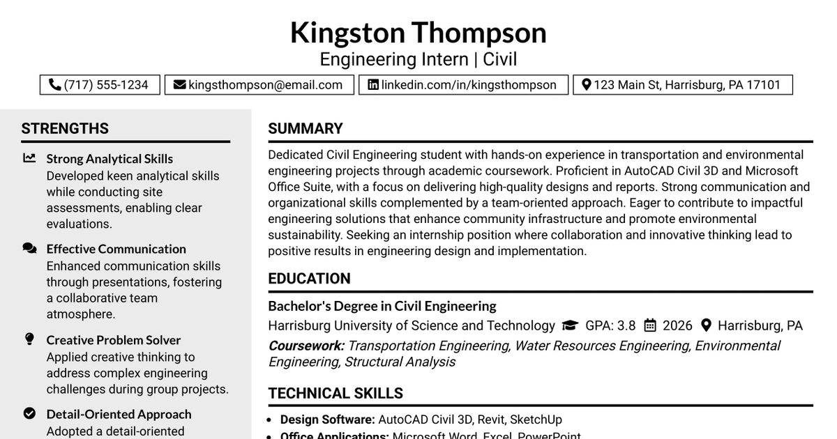 33 Engineering Intern | Civil Resume Templates with Example 2026 (ATS-Optimized)