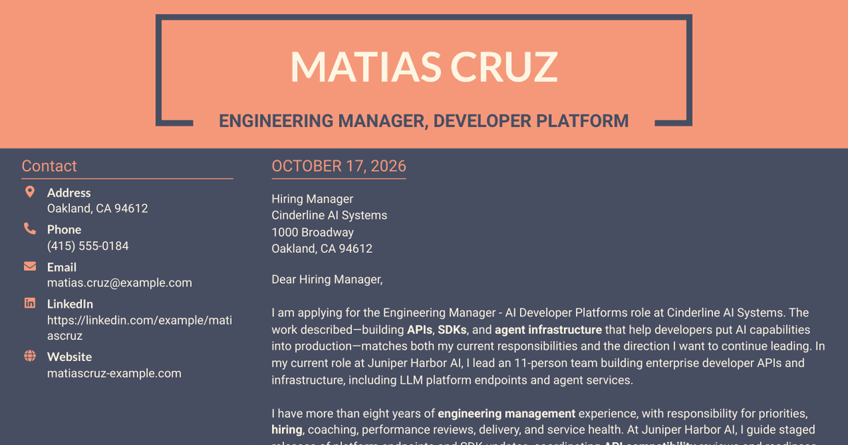 7 Engineering Manager - AI Developer Platforms Cover Letter Templates with Example