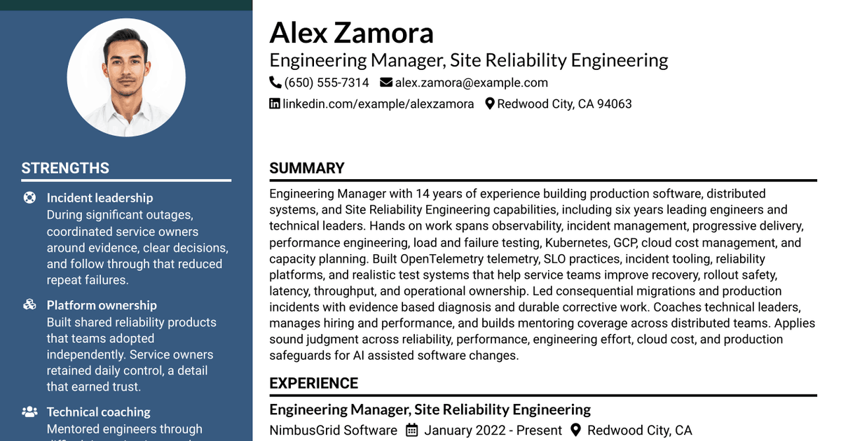 7 Engineering Manager, Site Reliability Engineering Resume Templates with Example