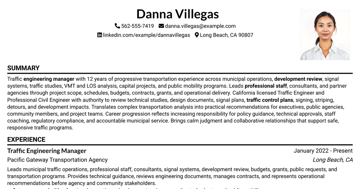 33 Engineering Manager - Traffic Operations Resume Templates with Example 2026 (ATS-Optimized)