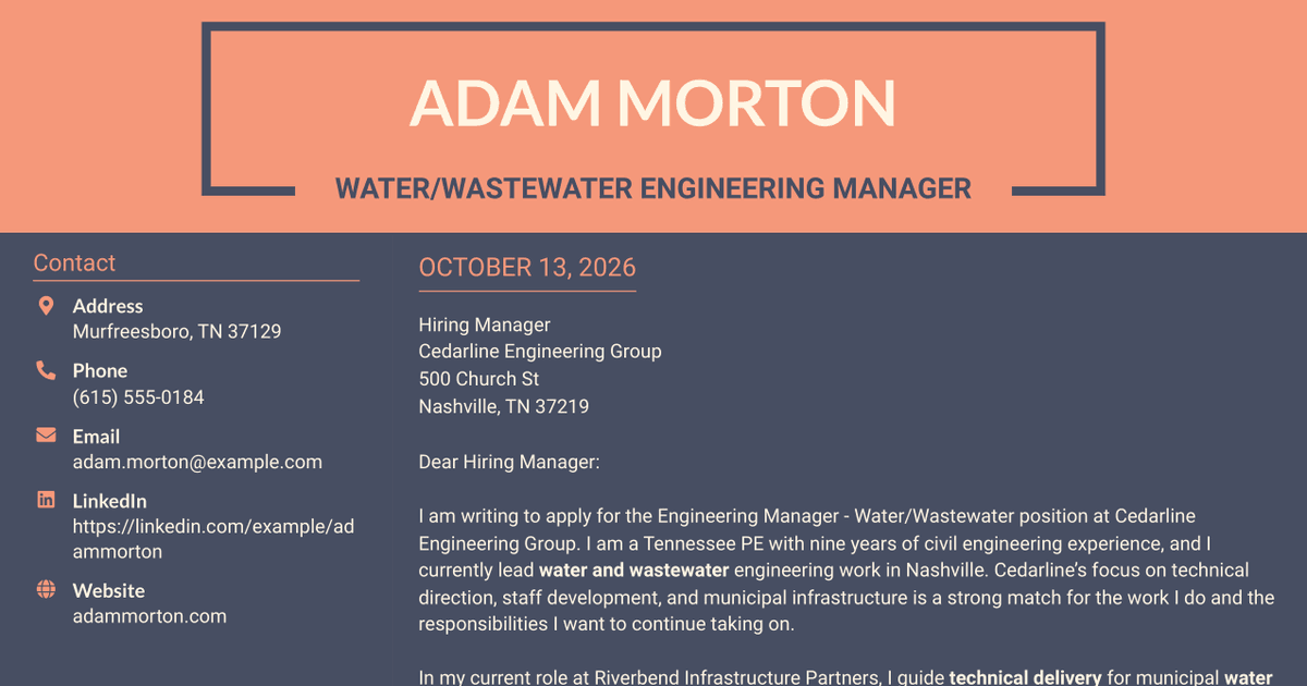 7 Engineering Manager - Water/Wastewater Cover Letter Templates with Example