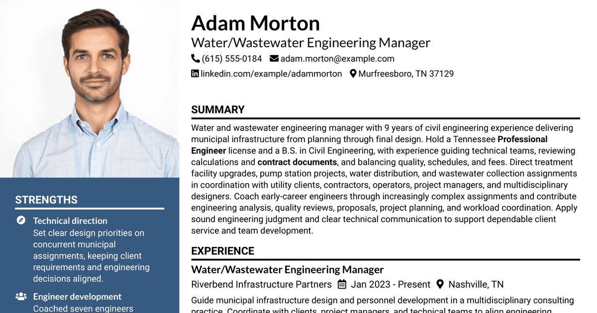 7 Engineering Manager - Water/Wastewater Resume Templates with Example