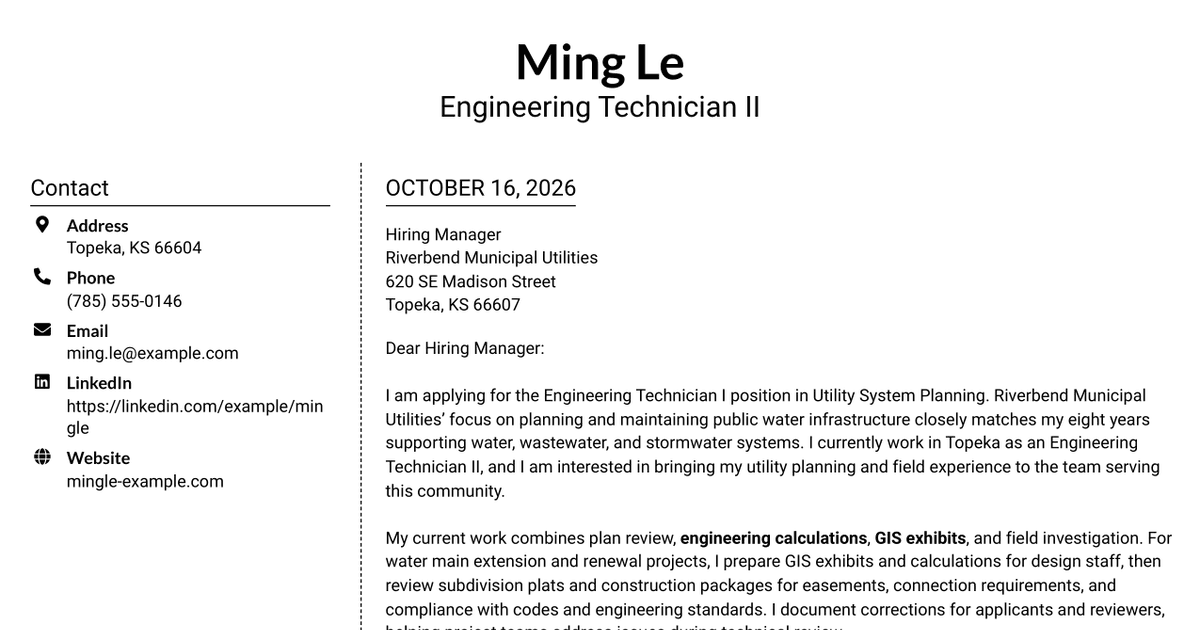 7 Engineering Technician I - Utility System Planning, Water Resources Cover Letter Templates with Example