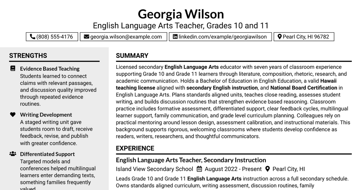 7 English Language Arts Teacher - Grade 10 & 11 Resume Templates with Example