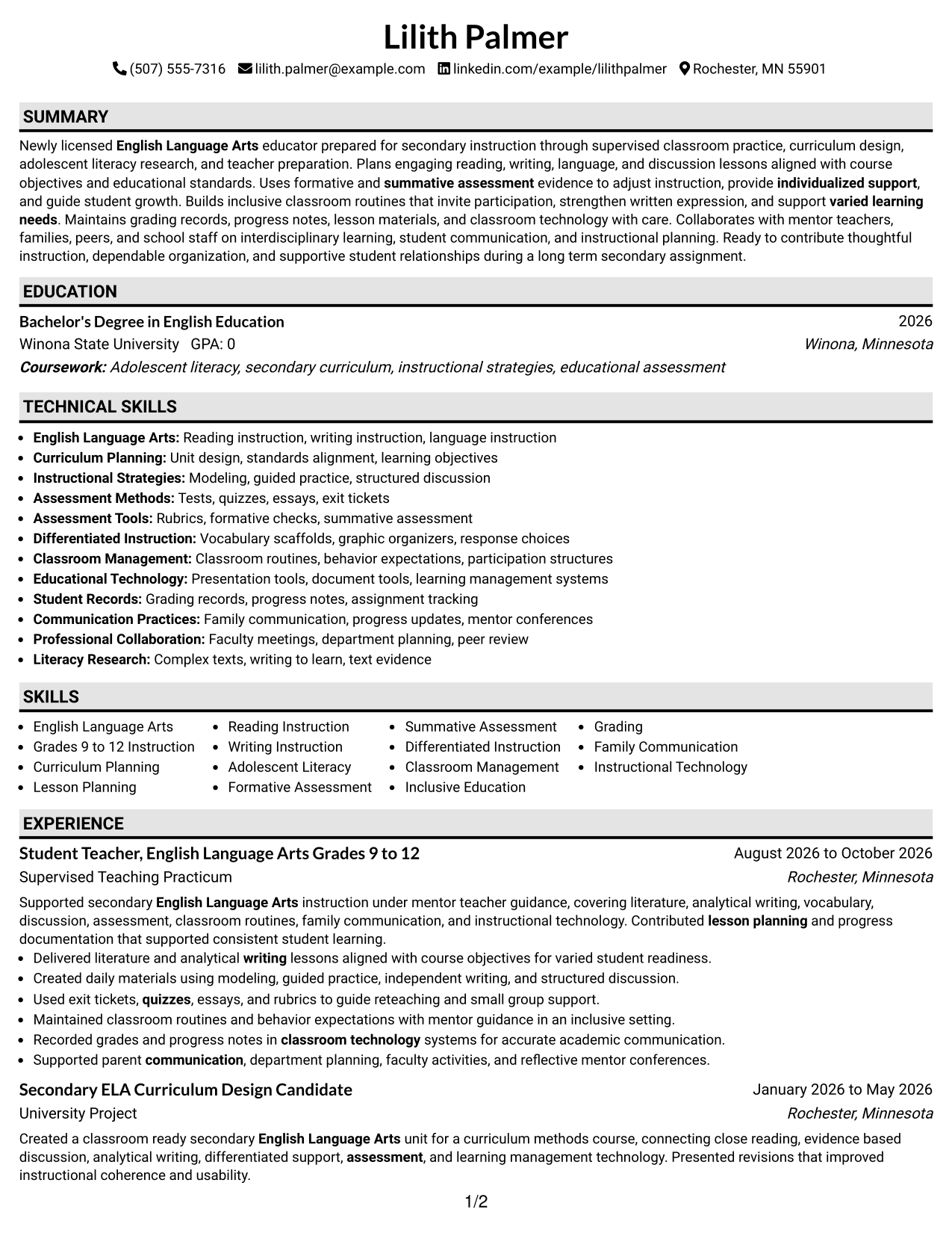 Resume Example Page 1