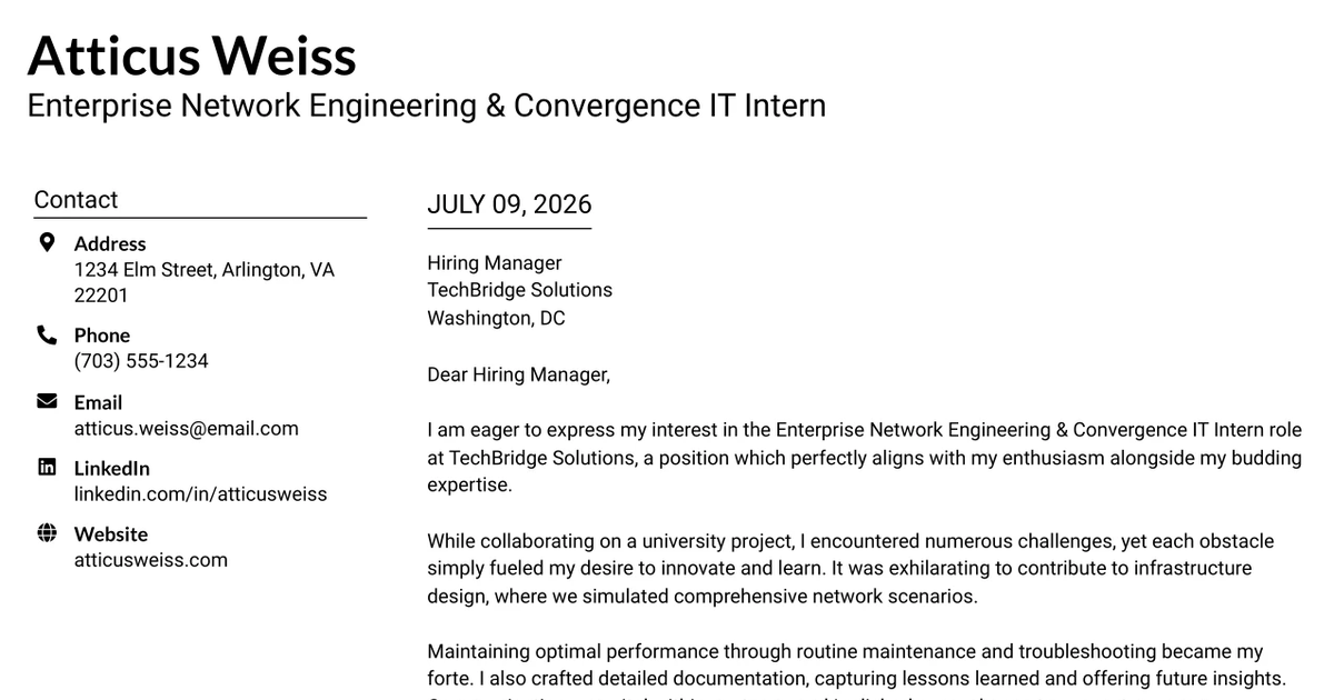 30+ Enterprise Network Engineering & Convergence IT Intern Cover Letter Templates with Example 2026