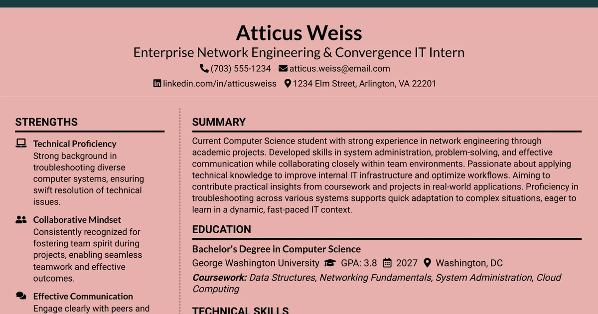 33 Enterprise Network Engineering & Convergence IT Intern Resume Templates with Example 2026 (ATS-Optimized)