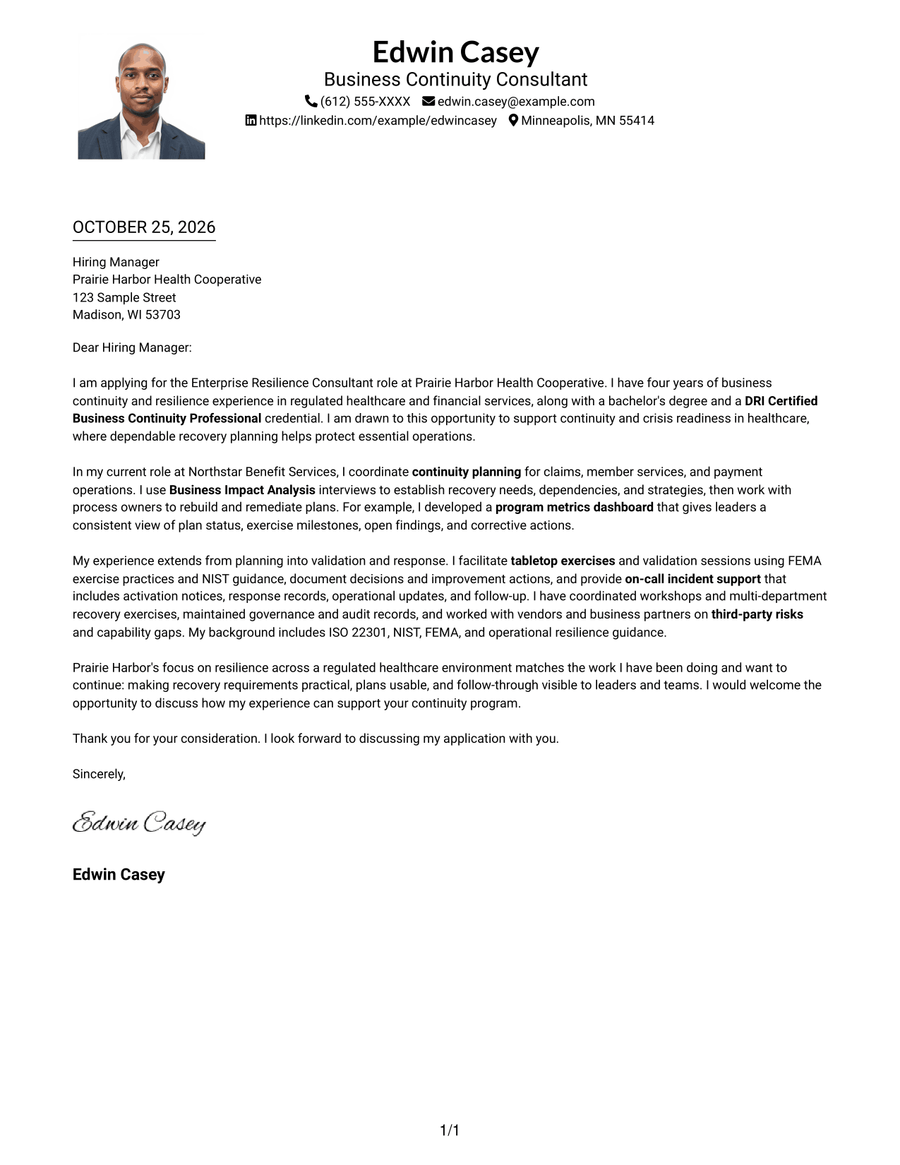 Cover letter example — page 1