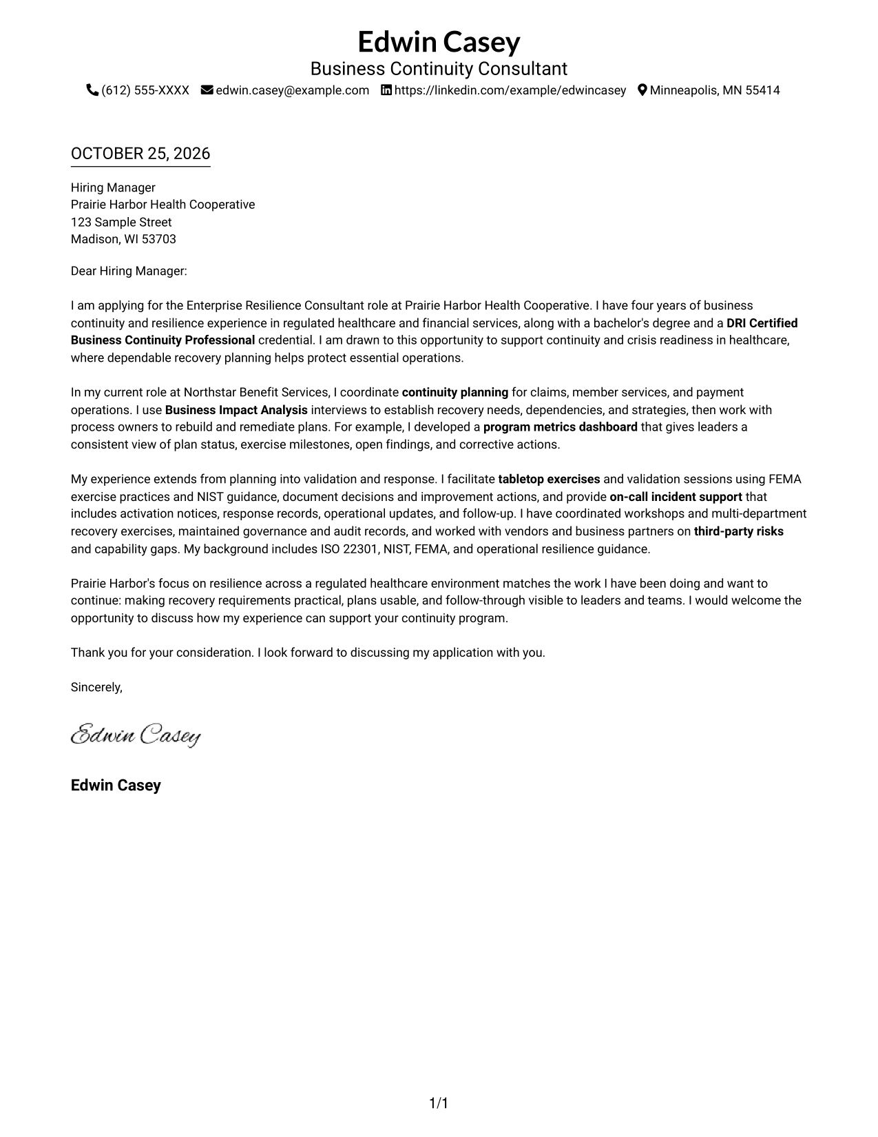 Cover letter example — page 1