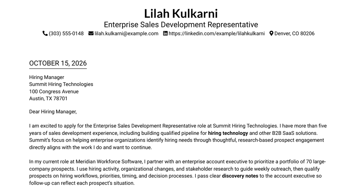 7 Enterprise Sales Development Representative Cover Letter Templates with Example