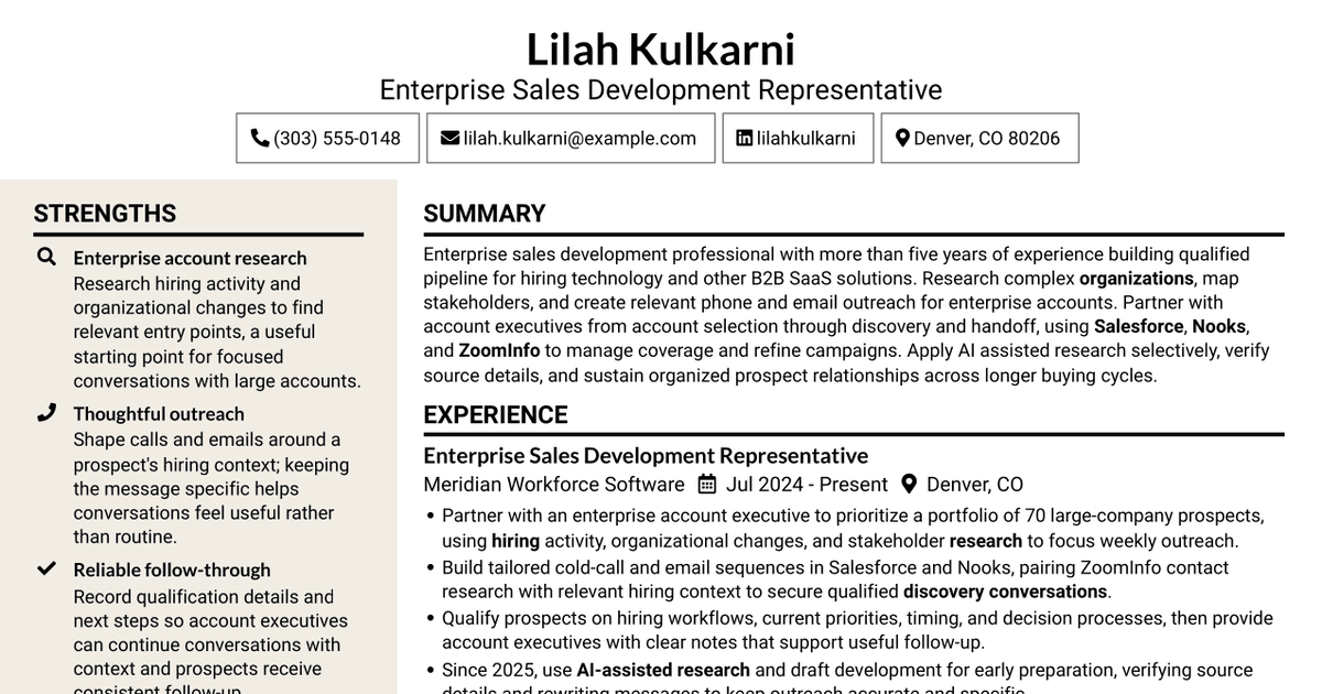 7 Enterprise Sales Development Representative Resume Templates with Example