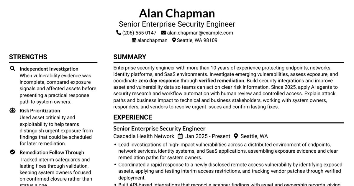 7 Enterprise Security Engineer - Vulnerability Management Resume Templates with Example