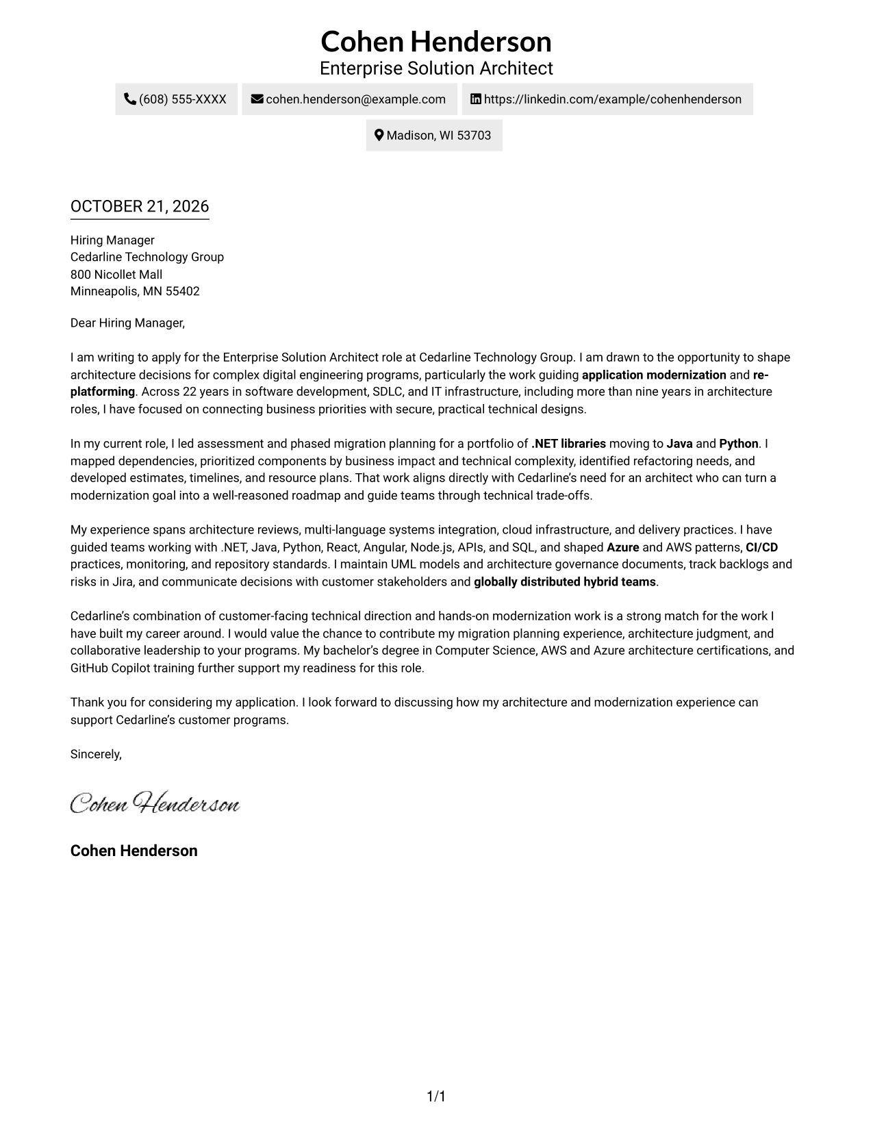Cover letter example — page 1