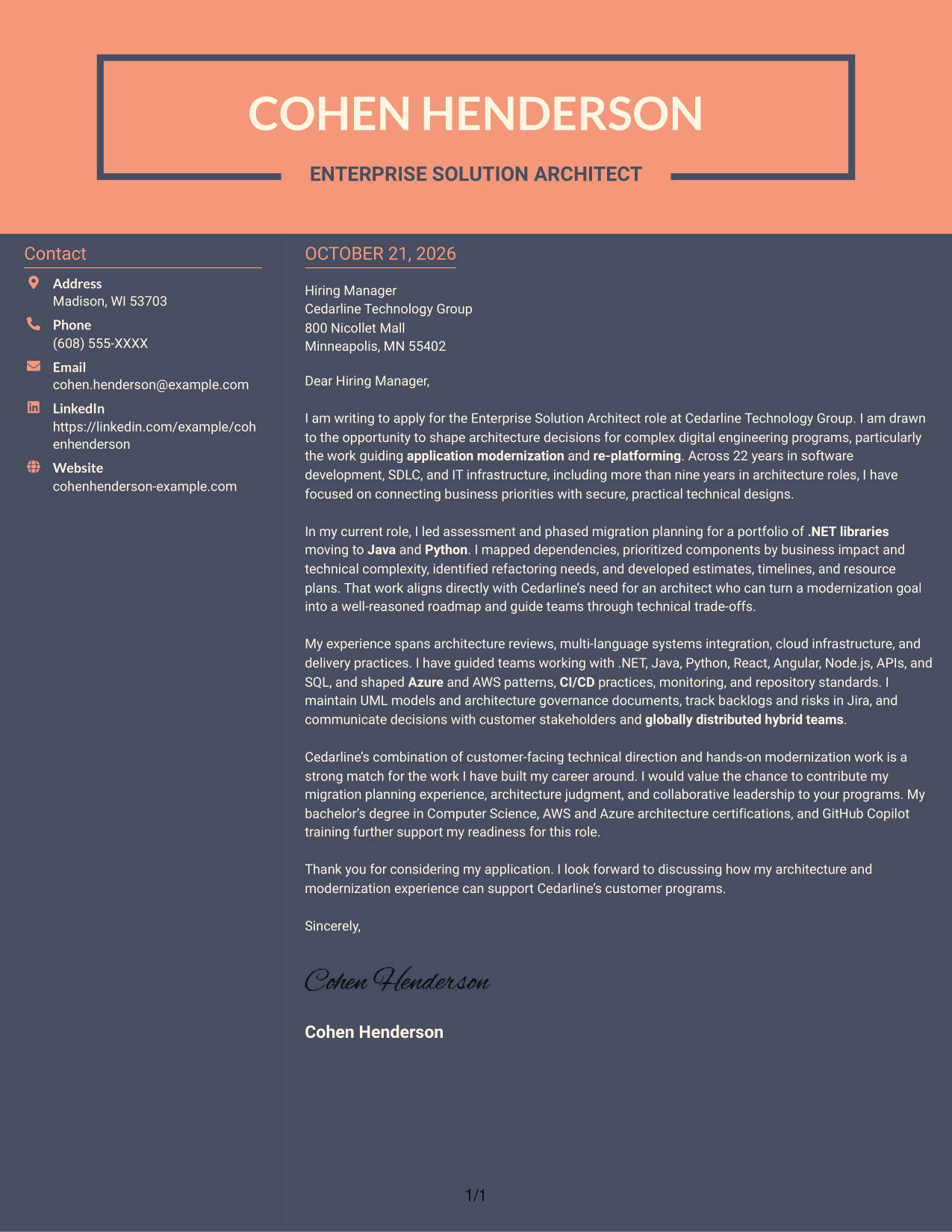 Cover letter example — page 1