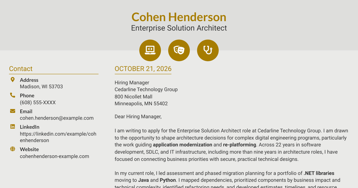 7 Enterprise Solution Architect - Application Modernization Cover Letter Templates with Example