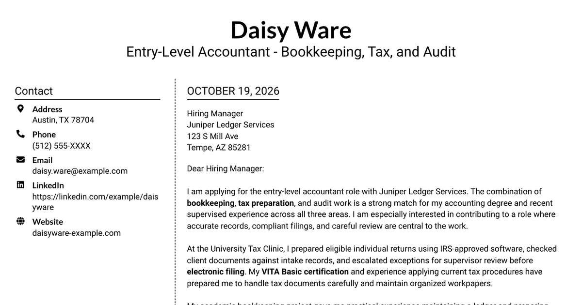 7 Entry-Level Accountant - Bookkeeping, Tax, and Audit Cover Letter Templates with Example