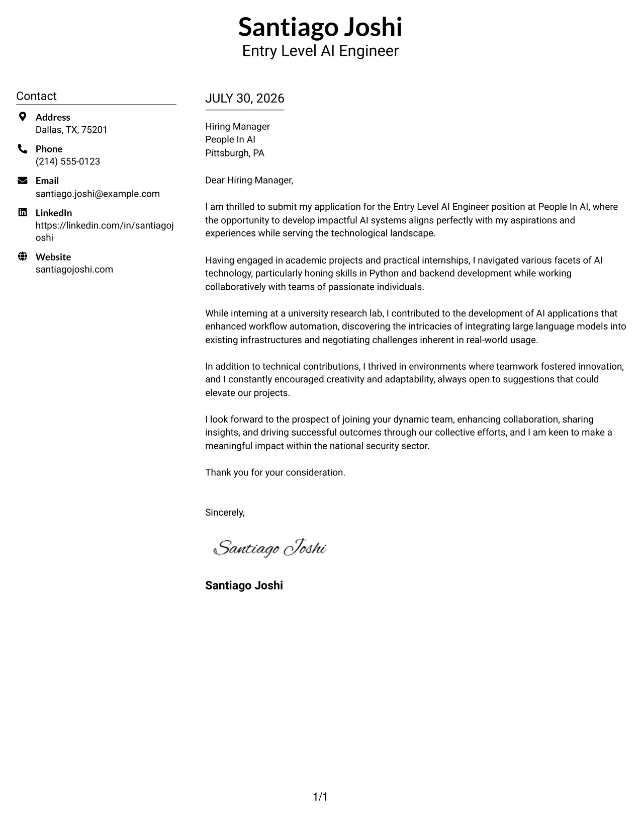 Resume Example Page 1