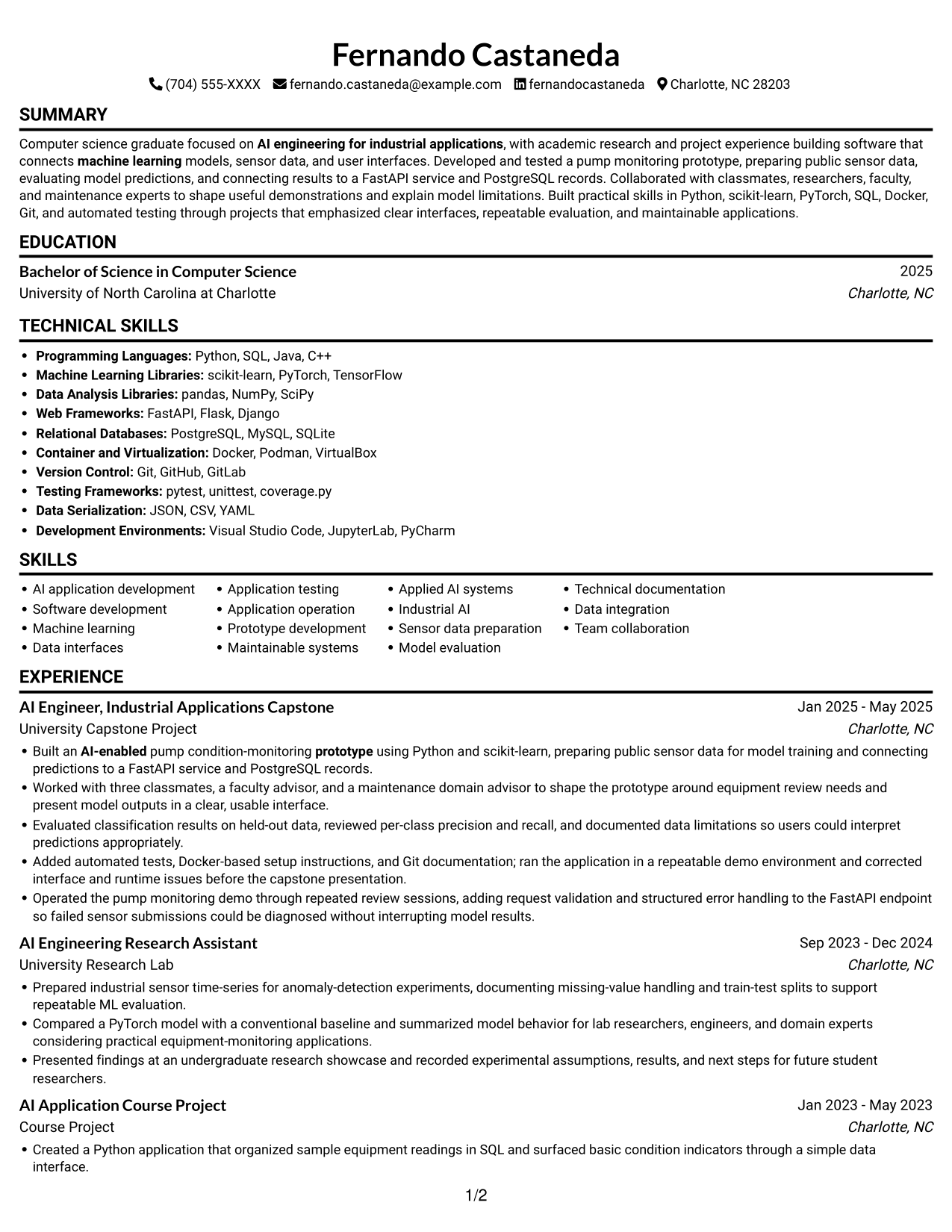 Entry-Level AI Engineer - Industrial AI Applications resume, page 1
