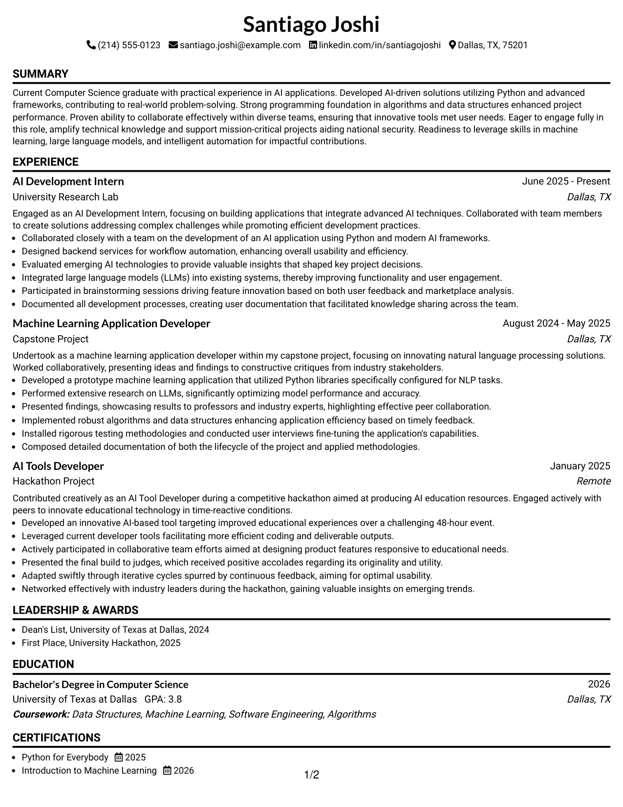 Resume Example Page 1