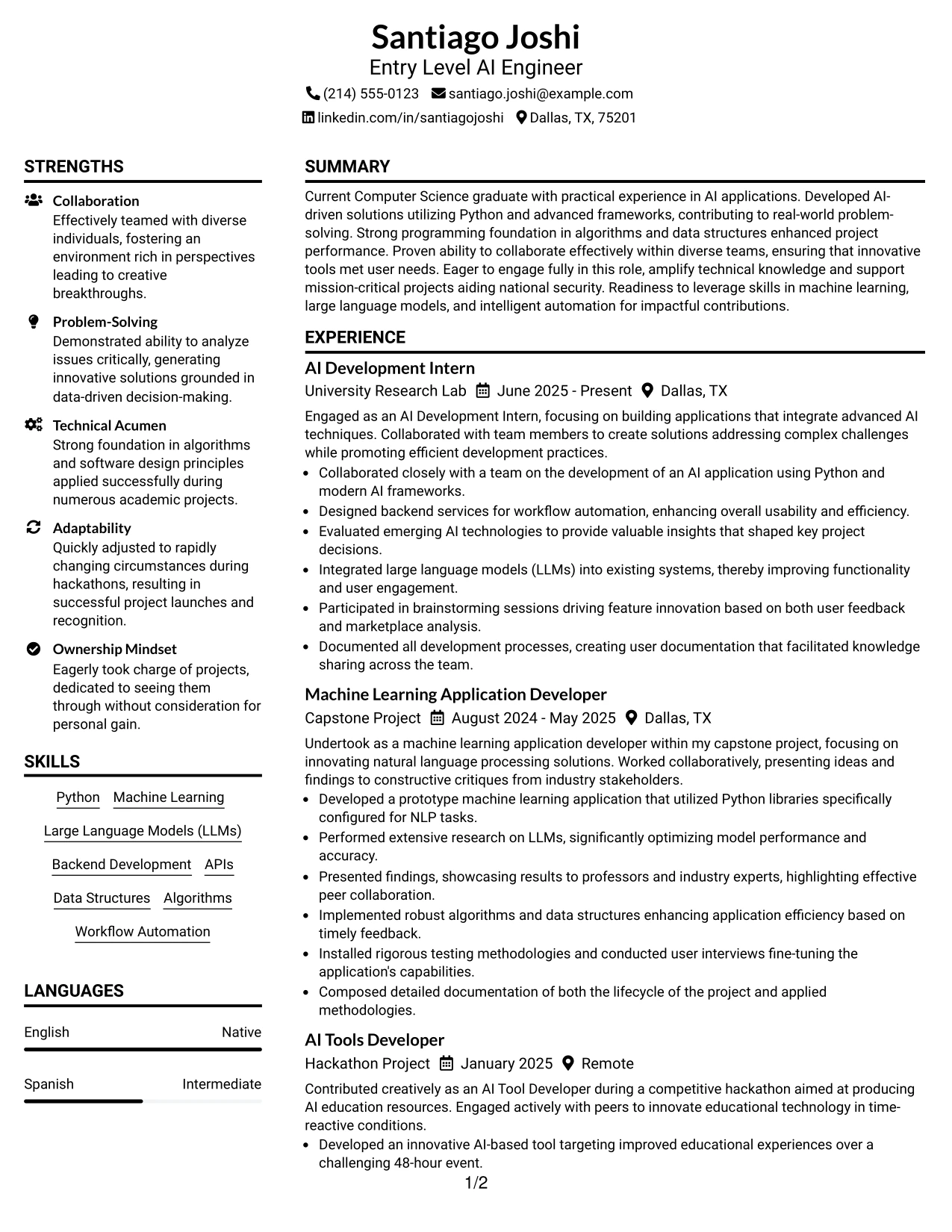 Resume Example Page 1