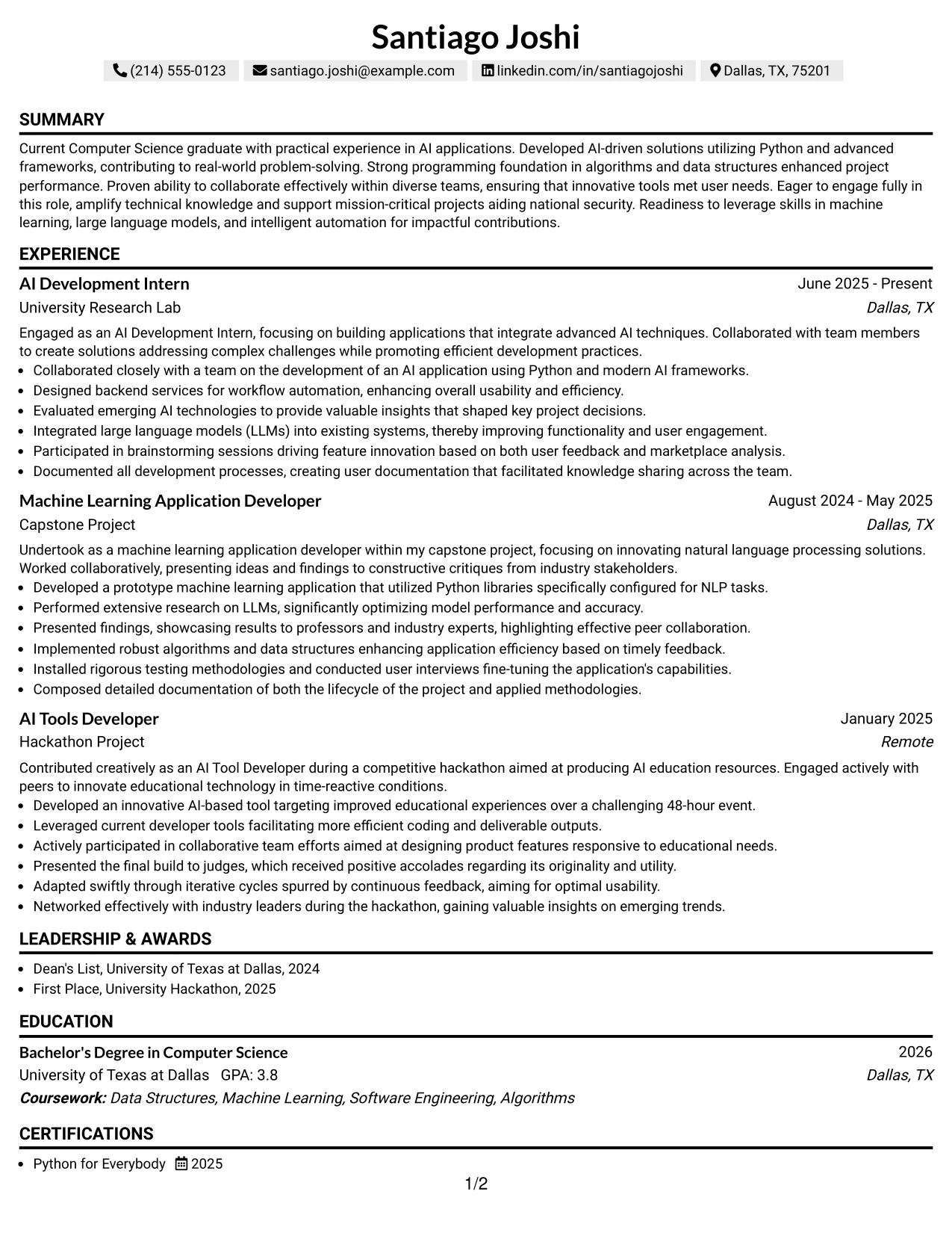 Resume Example Page 1