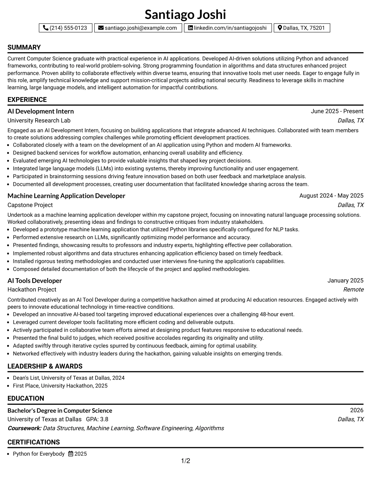 Resume Example Page 1