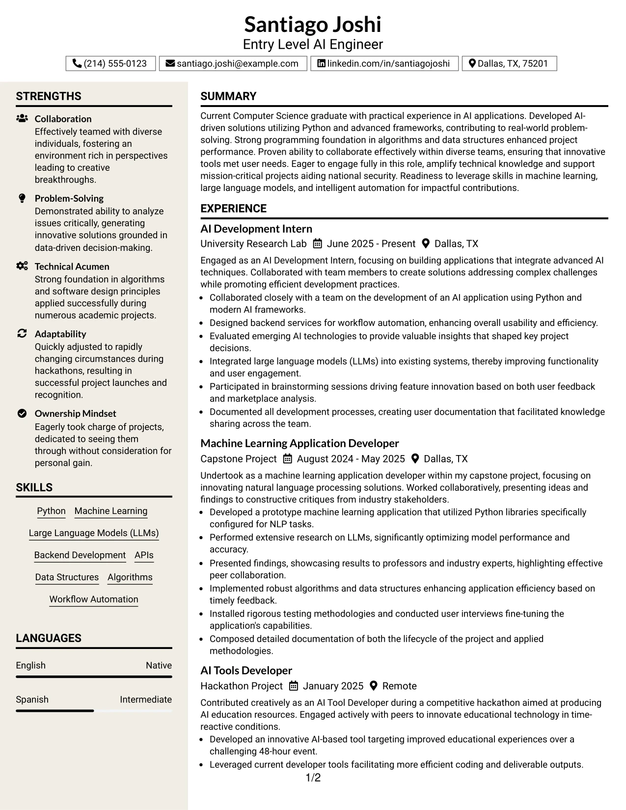 Resume Example Page 1