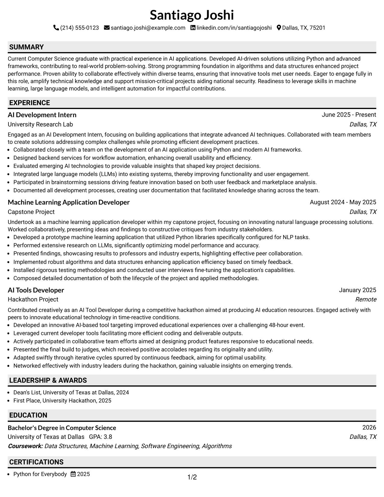 Resume Example Page 1