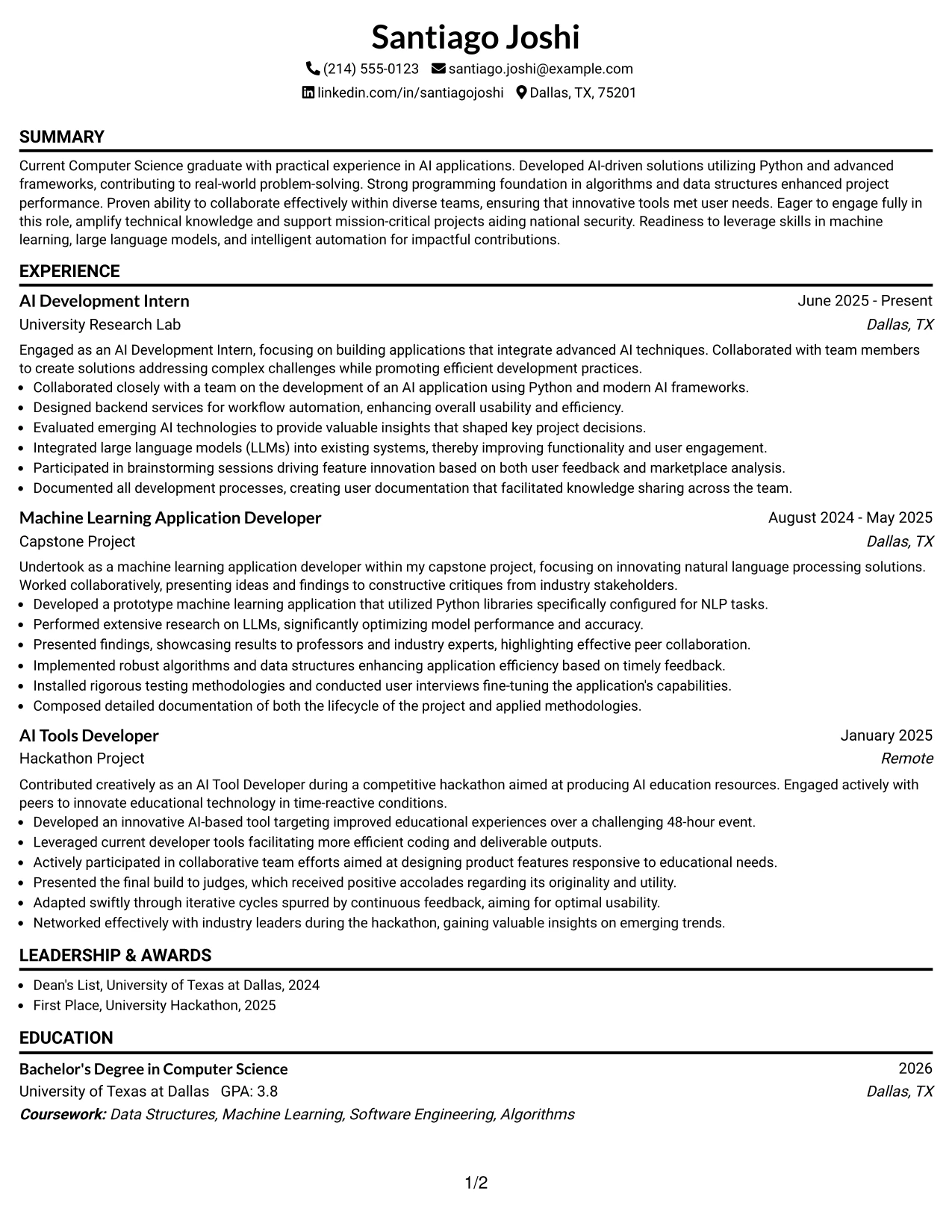 Resume Example Page 1
