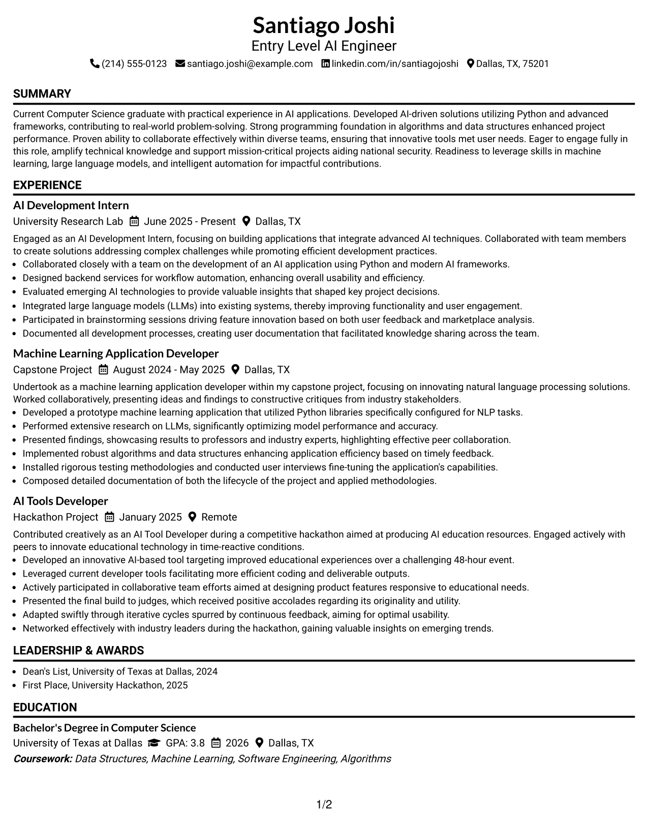 Resume Example Page 1