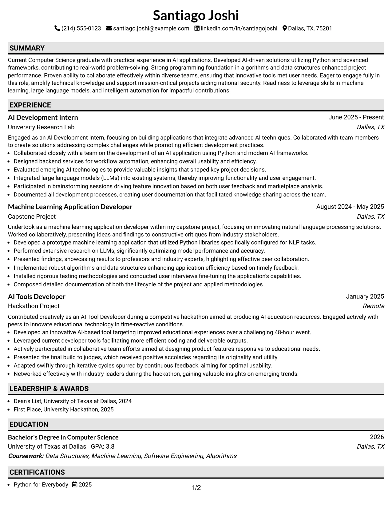 Resume Example Page 1